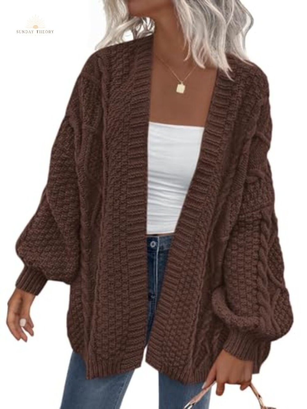 Cable Knit Open Front Chunky Cardigan Long Lantern Sleeve Oversized Sweater